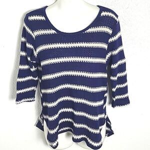 Blu Planet Navy & White Stripe High-Low Sweater, Size Large